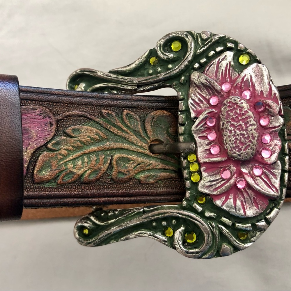 LEATHEROCK Embossed Brown Leather Belt w/ Pink and Green Floral Embellishment.